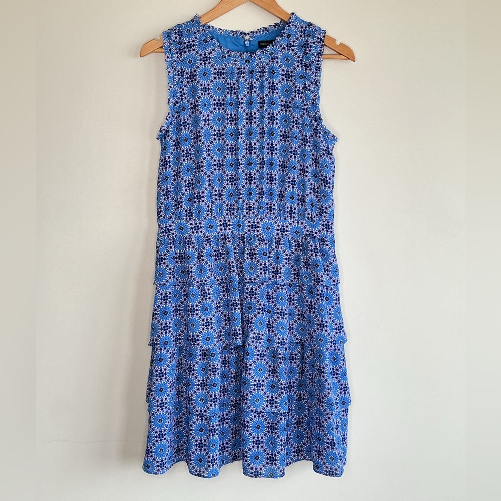 Vibrant Blue Mosaic Print Tiered Midi Sleeveless dress Sz 10 fit & flare Summer - Picture 2 of 9